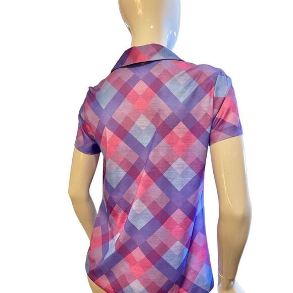 Vintage 70s Argyle Plaid Short Sleeve Blouse Medium Magenta, Bubblegum Pink - Picture 3 of 15